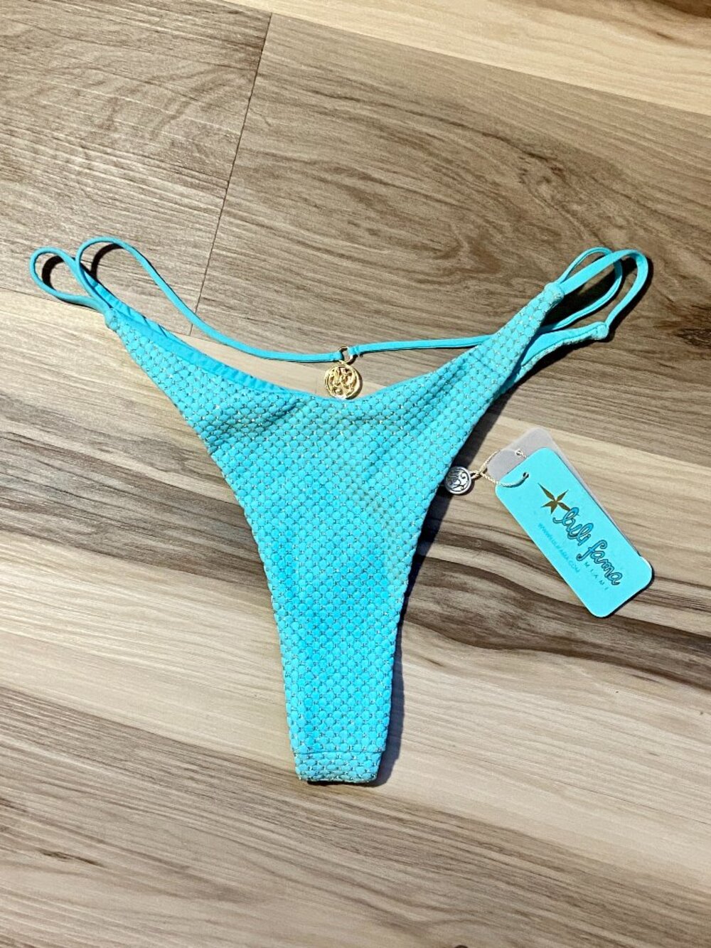 NEW Luli Fama Strap Ring Thong Bikini Bottom - Sunkiss Glow Aqua - Large NWT